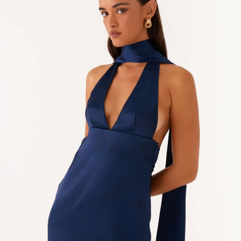 Peppermayo Alicia Satin Halter Mini Dress Navy Blue